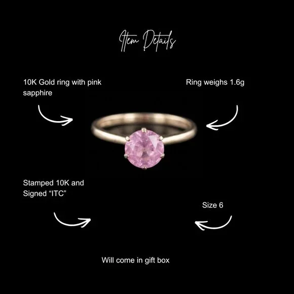 10k Yellow Gold And Pink Sapphire Vintage Round Solitaire Ring Size 6 Signed - Picture 10 of 10